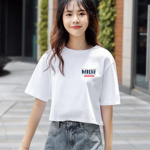 Ran Yilan wide navel short white cotton T-shirt for women short sleeves 2021 summer new short high waist top T-shirt 897# (short) S 60-85Jin [Jin equals 0.5 kg]