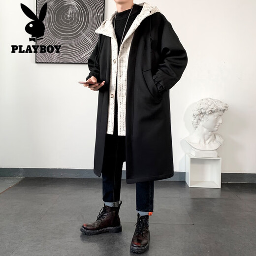 Playboy trench coat men's mid-length trendy loose summer thin Korean style fake two-piece hooded woolen coat black 2XL