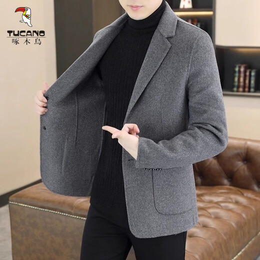 Woodpecker (TUCANO) 2025 woolen coat men's suit autumn and winter new suit short woolen coat business casual trend dark gray XL recommended 130-150Jin Jin equals 0.5 kg