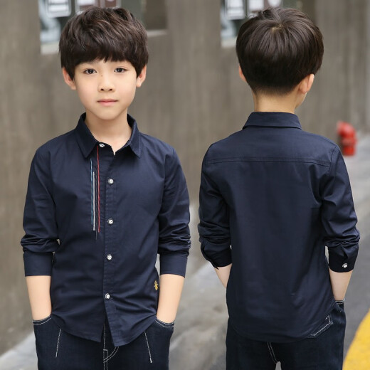 Boys' autumn long-sleeved shirts, children's fashionable and handsome big children's shirts and jackets 2022 new lapel tops spring and autumn navy blue tags 130 sizes recommended height around 120-130cm