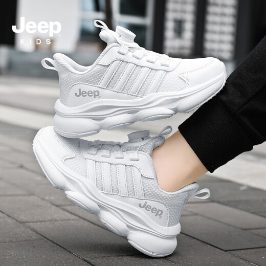 Jeep children's sports shoes spring and autumn 2024 new boys' white shoes non-slip breathable casual shoes girls' running shoes campus white - four seasons style 37 size shoe inner length about 23.6cm