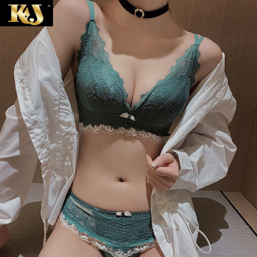 French KJ underwear women's push-up and auxiliary breast anti-sagging small breasts adjustable girl bra set lace no wire comfortable bra grass green (set) 34/75B