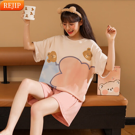 REJIP Pyjamas für Damen 2024 neue Kurzarm-Shorts Sommer süßer Internet-Promi-Stil Homewear Sommeranzug kann draußen getragen werden Q6628 M empfohlen 80-100Jin Jin entspricht 0,5 kg