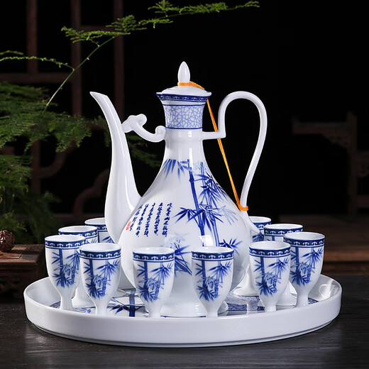 Xihe Yinyao Xihetang Jingdezhen Ceramic Wine Set Liquor Goblet Spirit Cup Blue and White Flask Set Wine Cup Moshanshui Style (1 Pot, 10 Cups, 1 Tray)