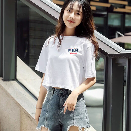 Ran Yilan wide navel short white cotton T-shirt for women short sleeves 2021 summer new short high waist top T-shirt 897# (short) S 60-85Jin [Jin equals 0.5 kg]