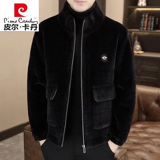 皮尔卡丹（pierre cardin）2024秋冬季新款高端羊毛绒外套男士宽松加厚保暖毛呢子夹克男装 黑色 XL