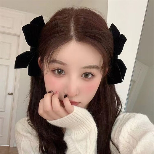 伊莉洛复古黑色丝绒蝴蝶结发夹女后脑勺公主头侧边刘海对夹一字夹发饰品 双层双面绒蝴蝶结边夹-[黑色]2只