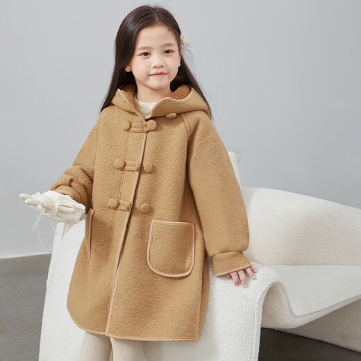 图图小象女童连帽外套2025秋冬款皮毛一体简约风大衣中大童装中长款双面绒 卡其色 150 身高约150cm