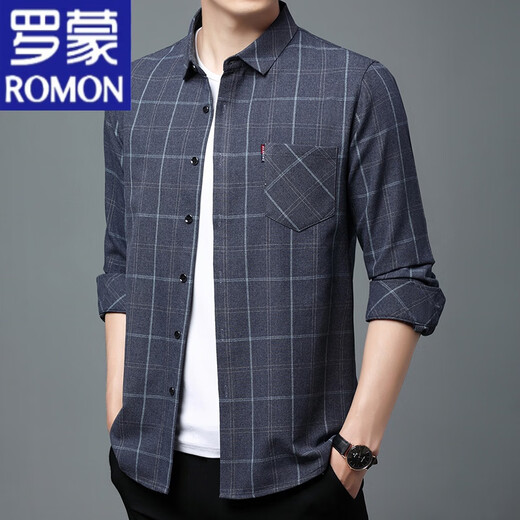 罗蒙（ROMON）纯棉长袖衬衫男春夏季薄款中老年男装格子宽松大码全棉衬衣男 长袖薄款6623灰色 175/XL建议135-145斤