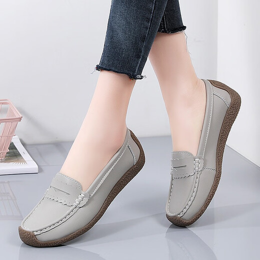 Mom's shoes spring and autumn super soft sole comfortable single shoes middle-aged and elderly women's shoes non-slip granny shoes ladies genuine leather beanie shoes light gray 38