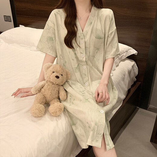 Mengluan Braveur à manches courtes avec poitrine 2025 Été Nouveau pyjamas à rayures à rayures haut de gamme Vêtements de maison en vrac de grande taille 5155 Fleurs vertes (avec poitrine) L
