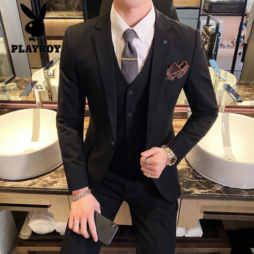 Playboy men's suit suit, high-end professional wear, trendy Korean version, slim fit, host, groom, wedding dress, casual jacket, khaki suit + trousers + vest, white lining 3XL, suitable for 155-160Jin Jin equals 0.5 kg