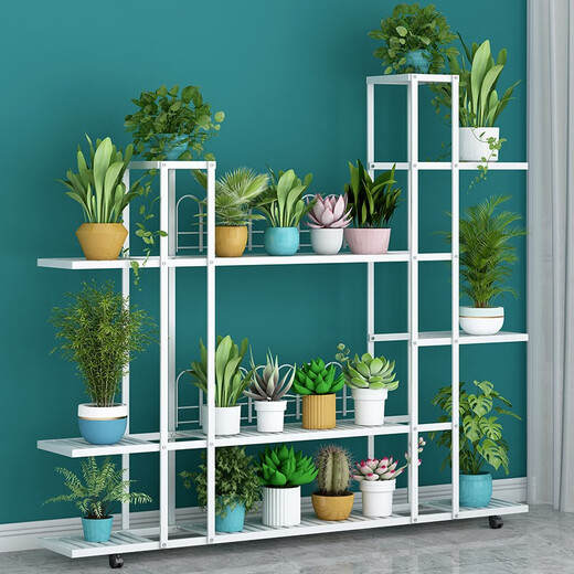 
YASITE flower rack living room floor-standing storage rack balcony decoration rack succulent green ivy flower pot rack movable flower rack white yarn pattern [length 120 width 26 height 114.5cm]