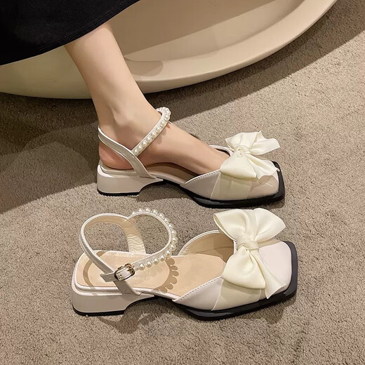 AIZUNSHI niche temperament bag head thick heel sandals women's one-line buckle ins trendy 2025 summer new fairy style skirt 2677 meters white 40 (250mm)
