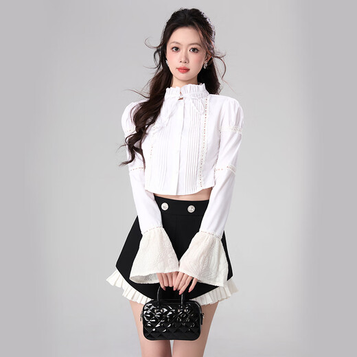 White shirt women's 2024 spring new niche French style bow lace splicing sleeve shirt white S recommended 85-100Jin Jin equals 0.5 kg
