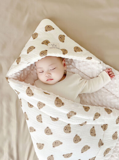 Cotton++ baby blanket, newborn blanket, anti-jumping bag, single bean velvet, pure cotton, Category A, spring, autumn and summer, swaddling for outings, bear head, comfort bean velvet, thickened 10-20 C, 95x95cm, Category A