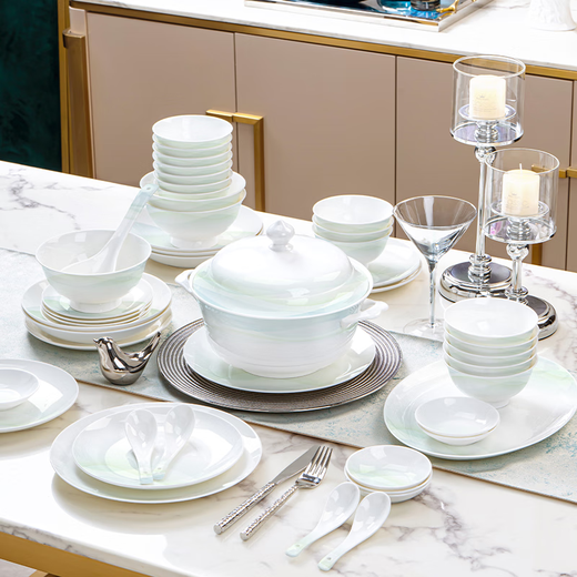 NINE CRANES Jingdezhen bowls, plates and tableware complete set of home light luxury high-end housewarming gifts high temperature bowls and plates household tableware 46-piece set | high temperature healthy porcelain | portable gift box