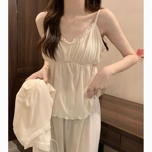 
Catman four-season pajamas for women pure cotton 2025 new pure and sweet style with chest pad simple blue three-piece set 831 apricot color with chest pad removable L Recommended 95-110Jin [Jin equals 0.5 kg]
