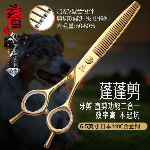 Xuanniao pet scissors professional beautician shop with fluffy tooth scissors fish bone dog and cat grooming styling trimming shears 6.5 inches straight fluffy gold