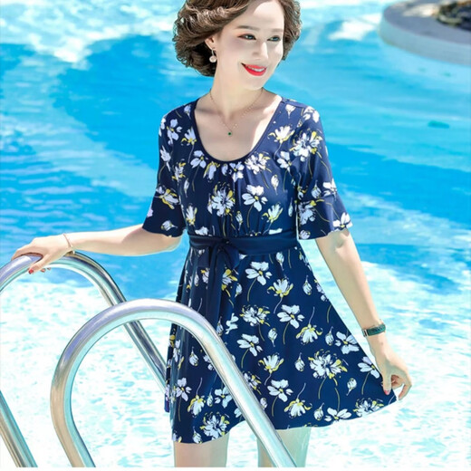 Yuji Morikami Mommy Swimsuit Women's Two-piece Set Covering Belly and Looking Slim Conservative Middle-aged and Elderly Hot Spring Summer Plus Size Swimwear Navy Blue 3XL 140-160Jin Jin is equal to 0.5 kg