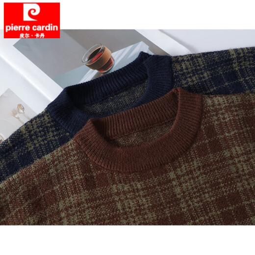 Pier Cardin 2025 winter thickened plaid sweater men's trendy brand round neck loose knit sweater men's pullover trendy jacquard thread Coffee 3XL