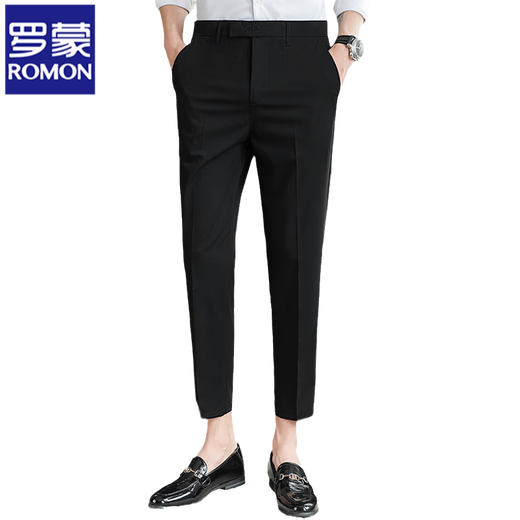 ROMON drooping suit pants for men light luxury middle-aged and young slim fit nine-point pants 2024 spring and autumn new business ironing casual pants for men 723 black [9-point pants] 33 (140-150Jin [Jin equals 0.5 kg])