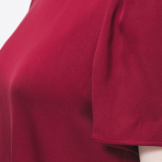 VOA silk heavy dark red round neck asymmetric short sleeve three-dimensional loose leaf elegant loose-leaf BE672 Floating red flowing elixir (H7) M