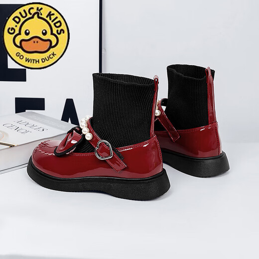 G.duck Little Yellow Duck Girls' Shoes Small Leather Shoes 2025 Children's Short Boots Princess Martin Boots Autumn and Winter Little Girls Black Boots HDL-Red 818 (Single Shoe) Size 37 Inner Length 22.9cm