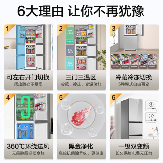 Haier refrigerator 283L three-door dual variable temperature air-cooled frost-free color crystal panel first-class dual frequency energy-saving small household refrigerator home appliance BCD-283WLHC357SW