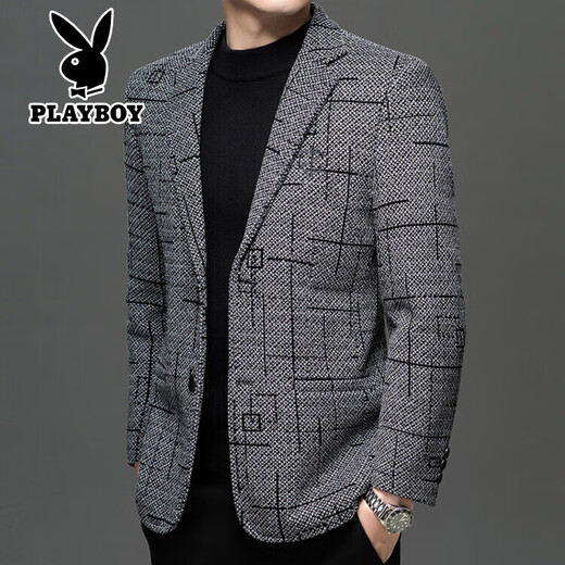 Playboy suit jacket men's autumn and winter velvet thickened woolen chenille high-end men's casual suit jacket gray M 170