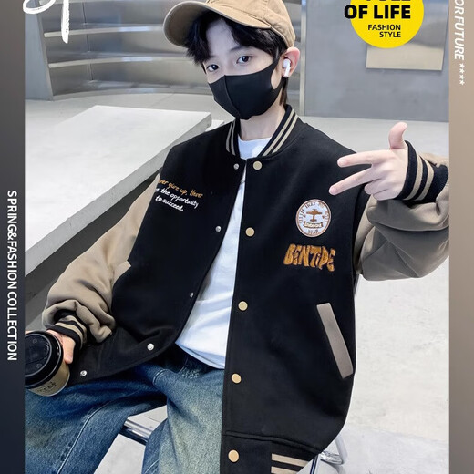 Children's coat baseball jacket thick velvet boys spring autumn winter 2024 new medium and large children's clothing boy jacket top wj-01-black-velvet thickened 160