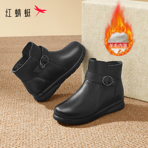 Red Dragonfly Mom Cotton Shoes Women's Winter Wool and Velvet Warm High Top Short Boots Comfortable Leather Boots WTC44638 Black 38