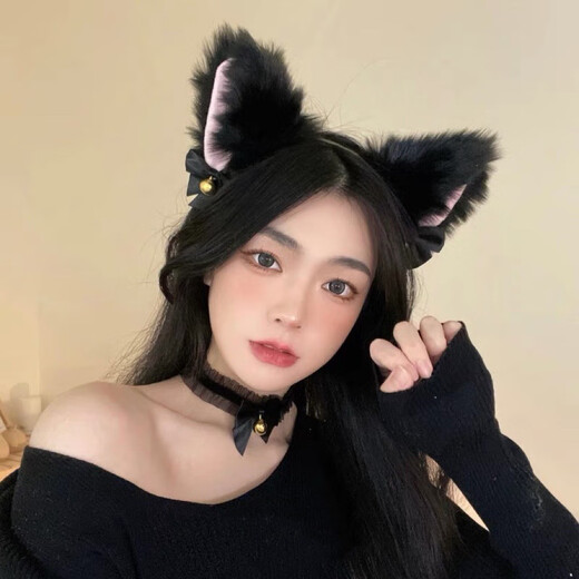 SMVP cat ear headband headband female cat cute funny hairpin bell collar cos cat girlfriend anchor couple black cat ear headband + black bow neck bell