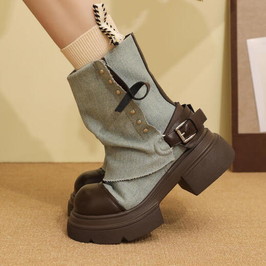 Fan Xiaoru Jeans Beinstiefel 2024 neue kurze Stiefel Dicke Sohle Martin Stiefel Retro Britische Stapelstiefel Hochdarmte Western Denim Stiefel Blau 37