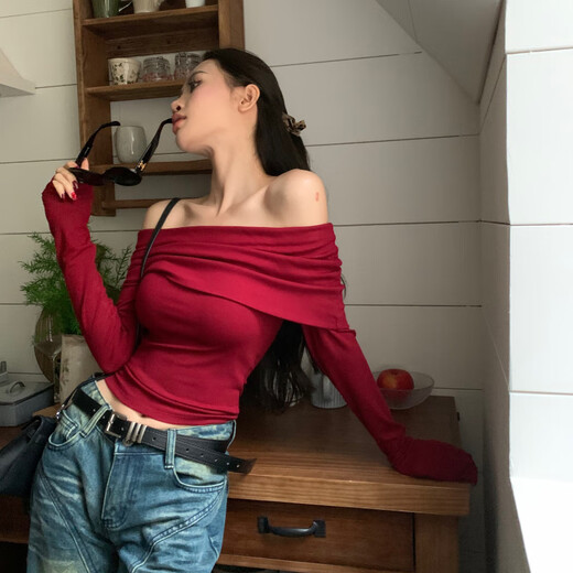 Dofinison burgundy one-shoulder bottoming shirt for women in spring and autumn with long sleeves and slim-fitting sweater off-shoulder clavicle short top burgundy thick L (90-115Jin Jin equals 0.5 kg)