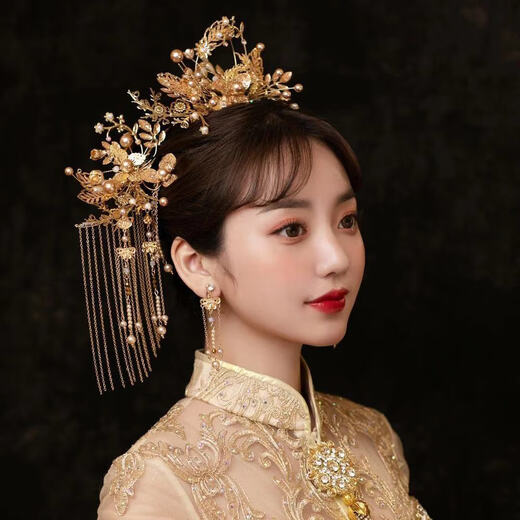 Lingchuan Xiuhe clothing headdress, elegant bridal phoenix crown, red step, long tassel, classical suit, wedding accessories, Xiuhe X-D33 phoenix crown ear clip with ear hook