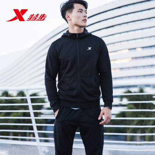 特步运动套装男卫衣春秋款2025新款春季运动服卫裤连帽外套两件套 连帽卫衣9276+黑 170/M