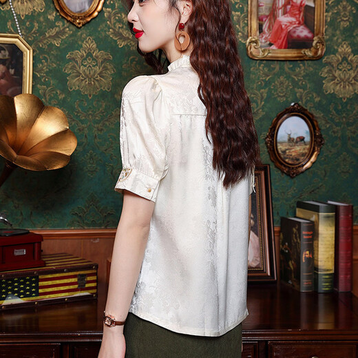 
Red Dragonfly New Chinese Women's Chinese Style Embroidered Shirt Early Spring New Top High-end Horse-Missing Skirt Shirt 825# Apricot Short Sleeve XL