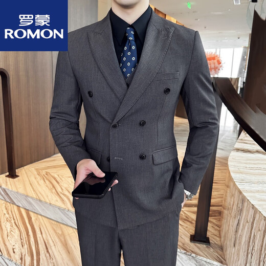 ROMON dark green suit men's suit groom double-breasted suit men's casual slim wedding dress peaked lapel dark green (suit + pants) tie M