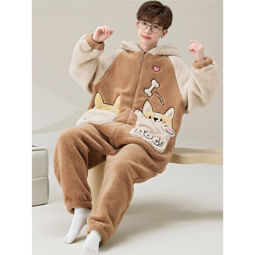 Shantoulin Village Shark Herren Herbst und Winter Großgröße einteiliger Pyjama 2024 Teenager Plüsch verdickte Korallenfell Heimkleidung ypf einteilig 3891 Braune Hirsche M Größe 160c/95jin [Jin gleich 0,5 kg]