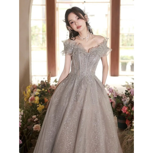 Vestido de noche de Minghuitong para mujeres 2024 Nuevo regalo de cumpleaños Temperamento elegante Banquete que anfla los exámenes de arte de los estudiantes se pueden usar normalmente 1694 gris xl