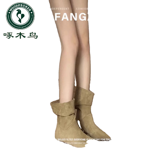 Woodpecker 2024 Nuevas botas de otoño botas de pila de tubo retro Botas de vaquero occidentales punta de punta gruesa botas de martin botas cortas para mujeres khaki 35