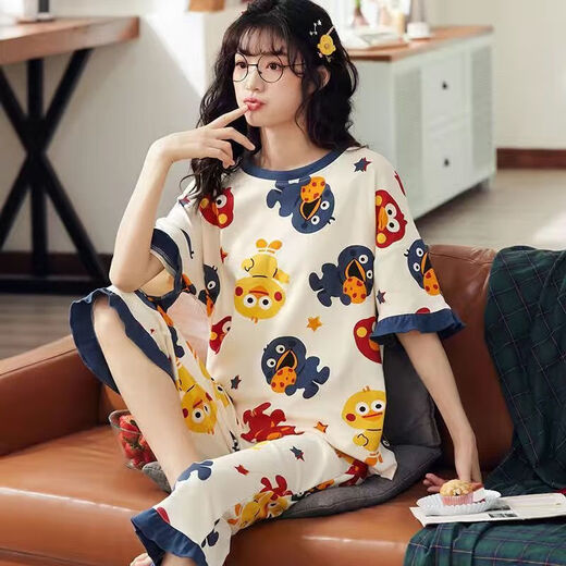 LangSha pajamas for women in summer short-sleeved cropped pants for women in spring and summer can wear cartoon cute home clothing suits for outdoors. Short-sleeved cropped pants 683 2XL_Suggested 125-135Jin [Jin equals 0.5 kg]