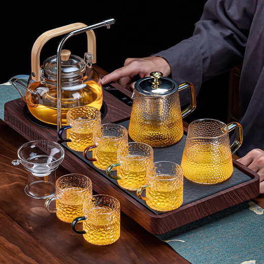 Zhengyang glass tea set office high-end complete set of pumping Kung Fu tea tray and boiling water integrated tea table electric ceramic stove tea making device Ge (one-piece pumping Hu) 900+ automatic (pavilion) six-color handle