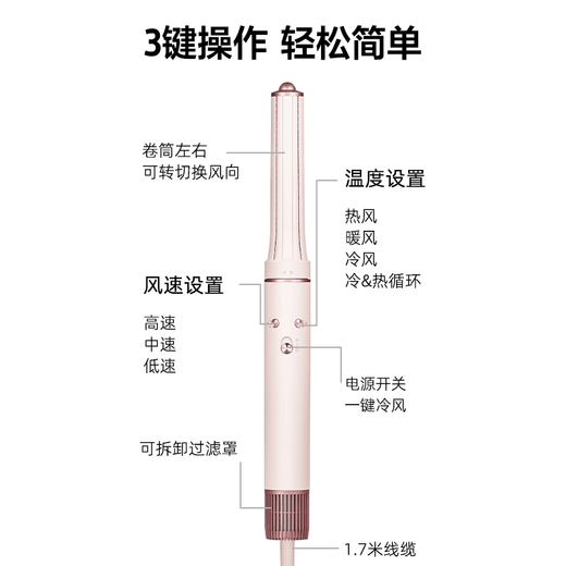 KEHEAL high-speed hair dryer 720 million negative ion hair dryer household automatic curling wand straight hair comb hair dryer multi-functional three-in-one quick-drying hair care style without damage Send gift GC-HM1 rose powder gift box