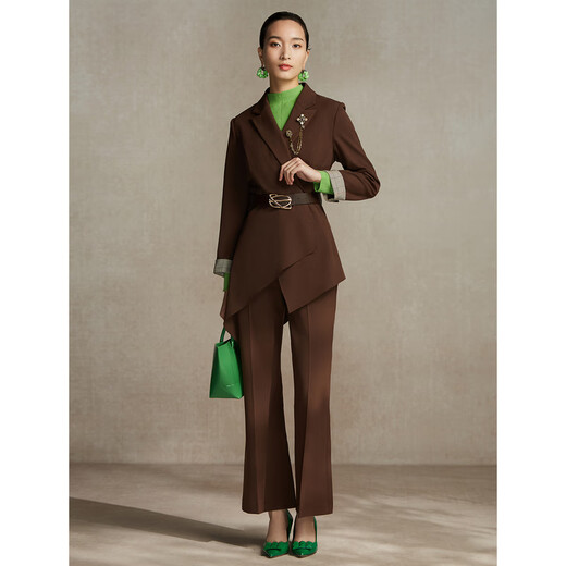 
Pink and blue wardrobe fashion asymmetric retro design sense suit for women autumn and winter exquisite jacket 535W829 tea brown S