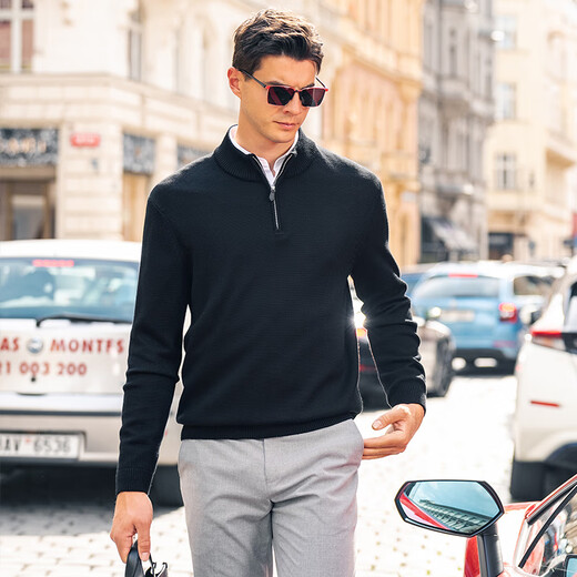 Mr. Bu's stand-up collar half zipper thickened sweater for men 2025 spring and autumn thick woolen sweater BT15507 piano black XL (180)