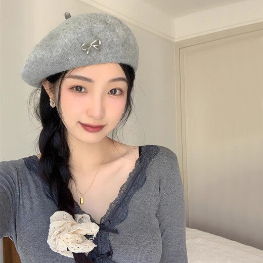 Yi Jian beret with bow for women, versatile temperament, retro fashion painter hat, autumn and winter hat with wool beret, exquisite bow beret, gray, one size fits all (recommended 55-57cm)