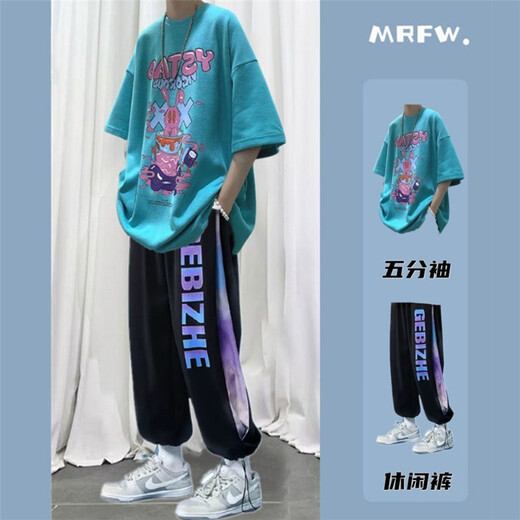[2-teiliges Set] Kefeiwo kurzärmelig T-Shirt-Anzug Männer Sommer neuer Gelegenheitsanzug Männer Cartoon Graffiti Kurzärärmig T-Shirt Männer Ins losen vielseitige hübsche trendige Kleidung Männer B168 Black + B655 Black L.