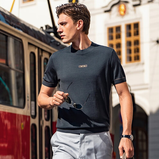 Mr. Bu Round Neck Kurzärärmelte Wolle T-Shirt Frühling und Herbst Neues Brief Logo für die innere Verschleiß von Männern BT12188 Mineral Grey M (170)